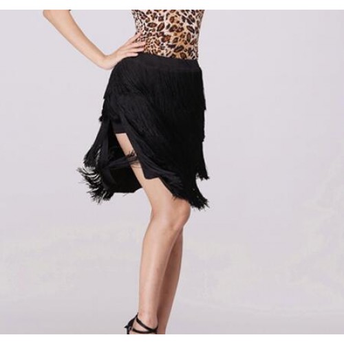 Black layers fringes latin skirts for women's female competition stage performance professional rumba chacha dance skirts
